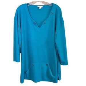 Coral Bay Women's Blue V-Neck 3/4 Sleeve Tunic Top Size 3X Bathing Suit Coverup